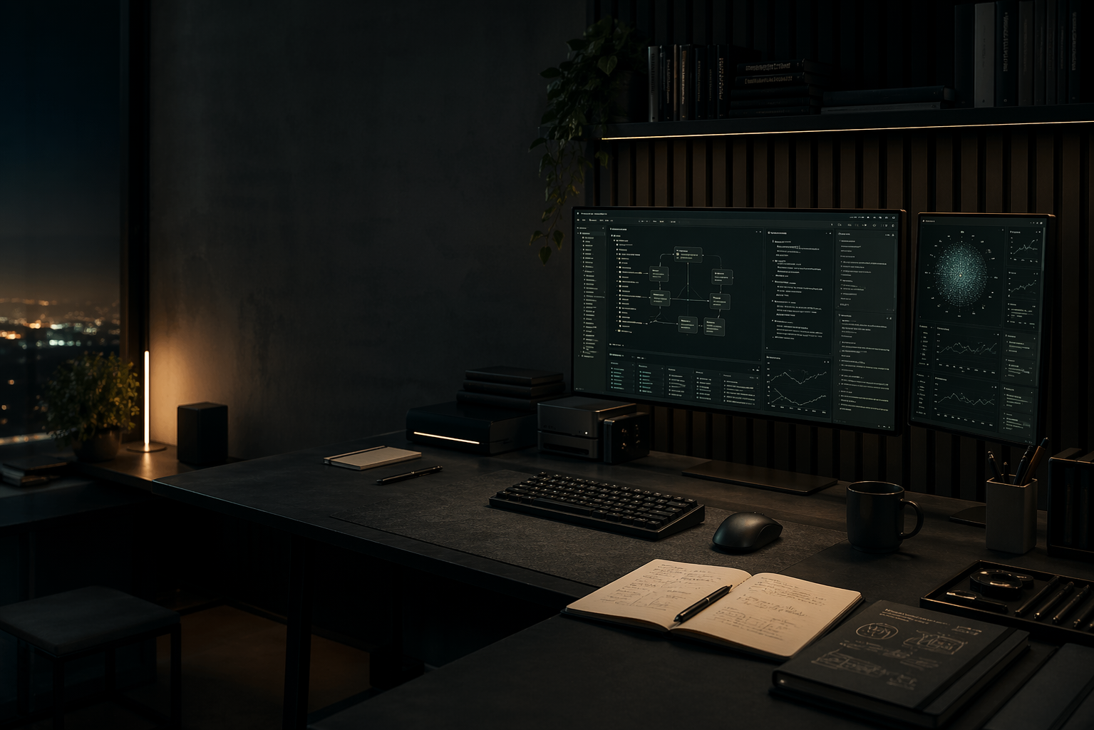 Dunkler hochwertiger Entwickler-Workspace mit mehreren Displays, Notizbuch und ruhiger technischer Atmosphäre.