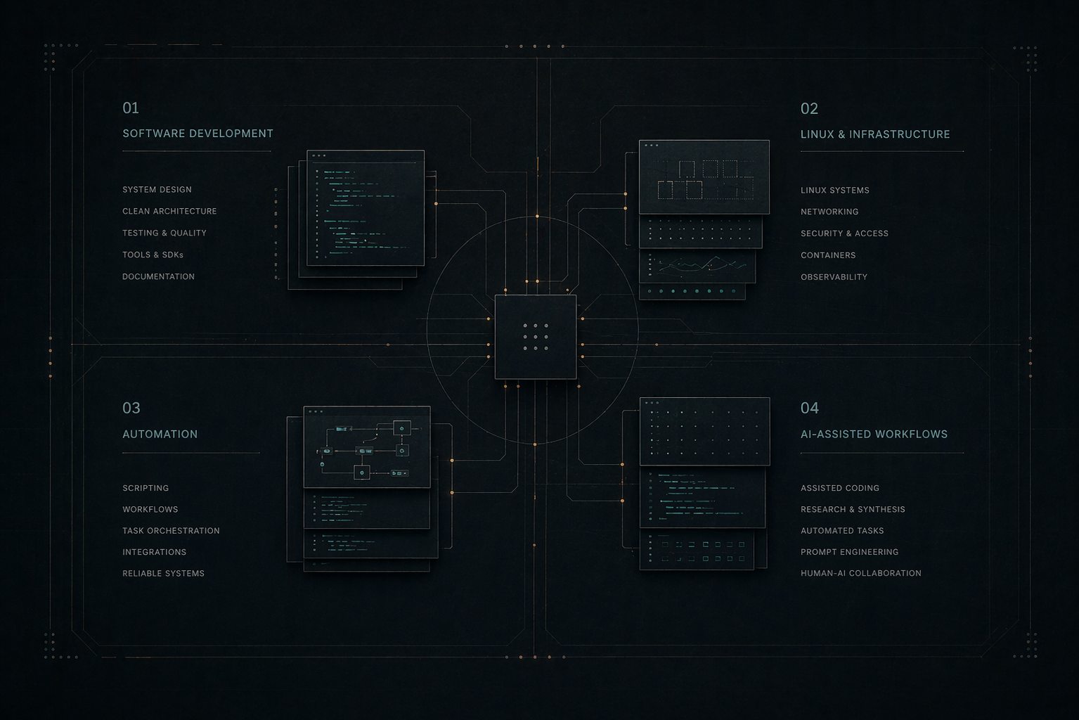 Dark infographic showing the relationship between software, systems, and automation.